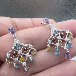 Elegant Multicolor Gemstone Chandelier Earrings Sterling Silver 925